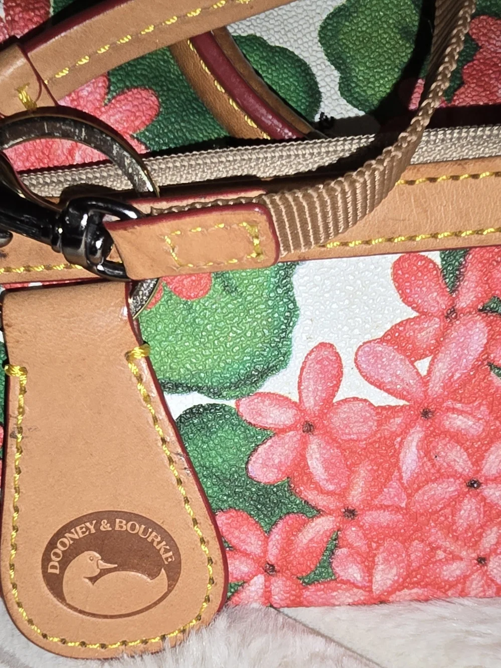 Dooney & Bourke Pink Floral Satchel Tan Leather Trim + Coin Purse & Keychain